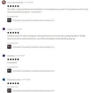 May include: Five-star reviews for a digital product. The reviews highlight the seller's professionalism, helpfulness, and the quality of the product. The product is described as "High Quality Procreate 3D models for tattoo simulation".