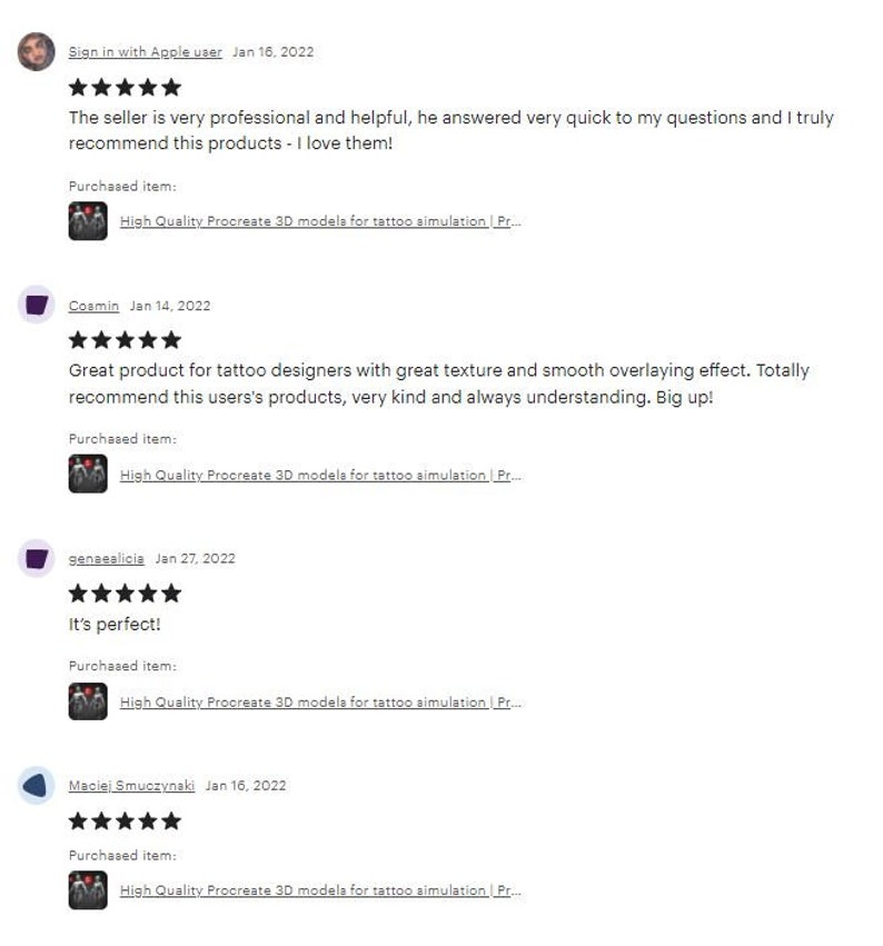 May include: Five-star reviews for a digital product. The reviews highlight the seller's professionalism, helpfulness, and the quality of the product. The product is described as "High Quality Procreate 3D models for tattoo simulation".