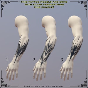 May include: Three images of a human arm with a black and gray tattoo design. The tattoo design is a stylized, abstract design with sharp angles and points. The text "THIS TATTOO MODELS ARE DONE WITH FLASH DESIGNS FROM THIS BUNDLE!" is at the top of the image. The text "1.", "2.", and "3." are below each image. The text "SIMPLE USE OF THE DESIGNS" is at the bottom of the image.