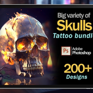 May include: A digital illustration of a fiery skull with glowing eyes. The image is a promotional graphic for a tattoo bundle with over 200 designs. The text reads "Big variety of Skulls Tattoo bundle" and "Adobe Photoshop".