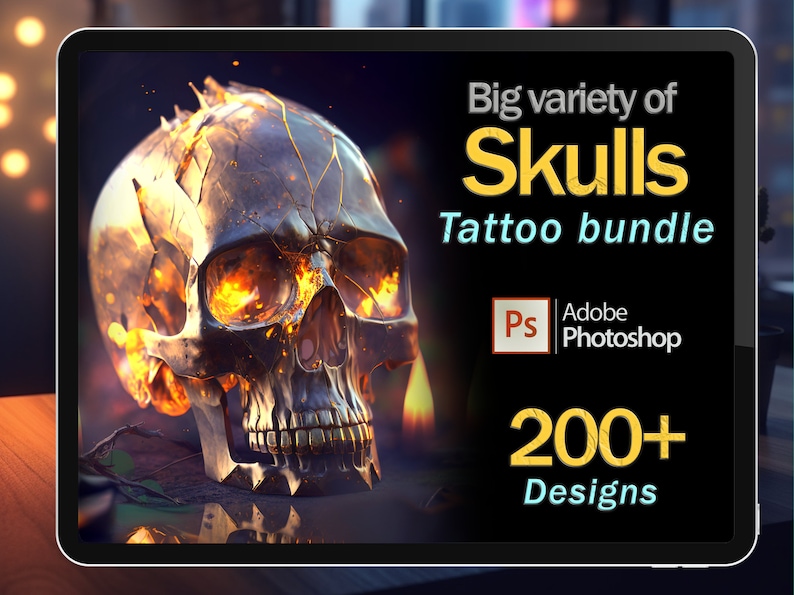 May include: A digital illustration of a fiery skull with glowing eyes. The image is a promotional graphic for a tattoo bundle with over 200 designs. The text reads "Big variety of Skulls Tattoo bundle" and "Adobe Photoshop".