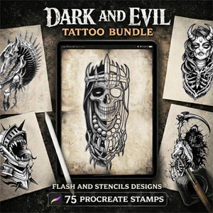 Peut inclure: Un ensemble d'art numérique présentant des motifs de tatouages sombres et maléfiques. L'image comprend une tablette affichant un motif de crâne, entourée d'esquisses d'autres concepts de tatouage. Le texte indique "Dark and Evil Tattoo Bundle".