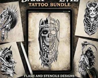 Dark & Evil Tattoo Bundle (75 Designs) | Procreate Tattoo Stamps | Flash + Crisp Stencil Outlines | Hand Drawn | iPad Procreate Download