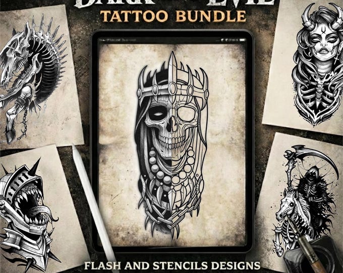 Dark & Evil Tattoo Bundle (75 Designs) | Procreate Tattoo Stamps | Flash + Crisp Stencil Outlines | Hand Drawn | iPad Procreate Download