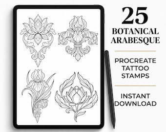 アラベスク調のProcreateタトゥースタンプ25種類 – 装飾的な植物の花のデザイン