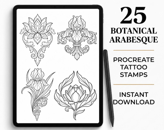 25 Arabesque Procreate Tattoo Stamps – Ornamental Botanical Flower Designs