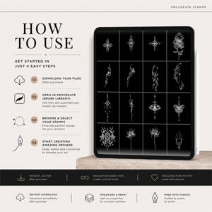 May include: A digital art tutorial shows how to use Procreate stamps. The image features a tablet displaying various black and white floral and abstract designs. Instructions include downloading files, opening in Procreate, browsing stamps, and creating designs.