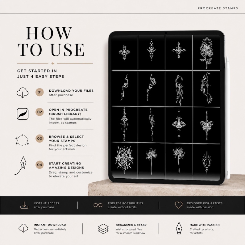 May include: A digital art tutorial shows how to use Procreate stamps. The image features a tablet displaying various black and white floral and abstract designs. Instructions include downloading files, opening in Procreate, browsing stamps, and creating designs.