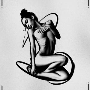 May include: Black and white illustration of a seated figure with a stylized design. The figure is nude, with a hand resting on the chest. The image includes the text "EXAMPLES YOU CAN FIND IN THIS PACK" at the top.