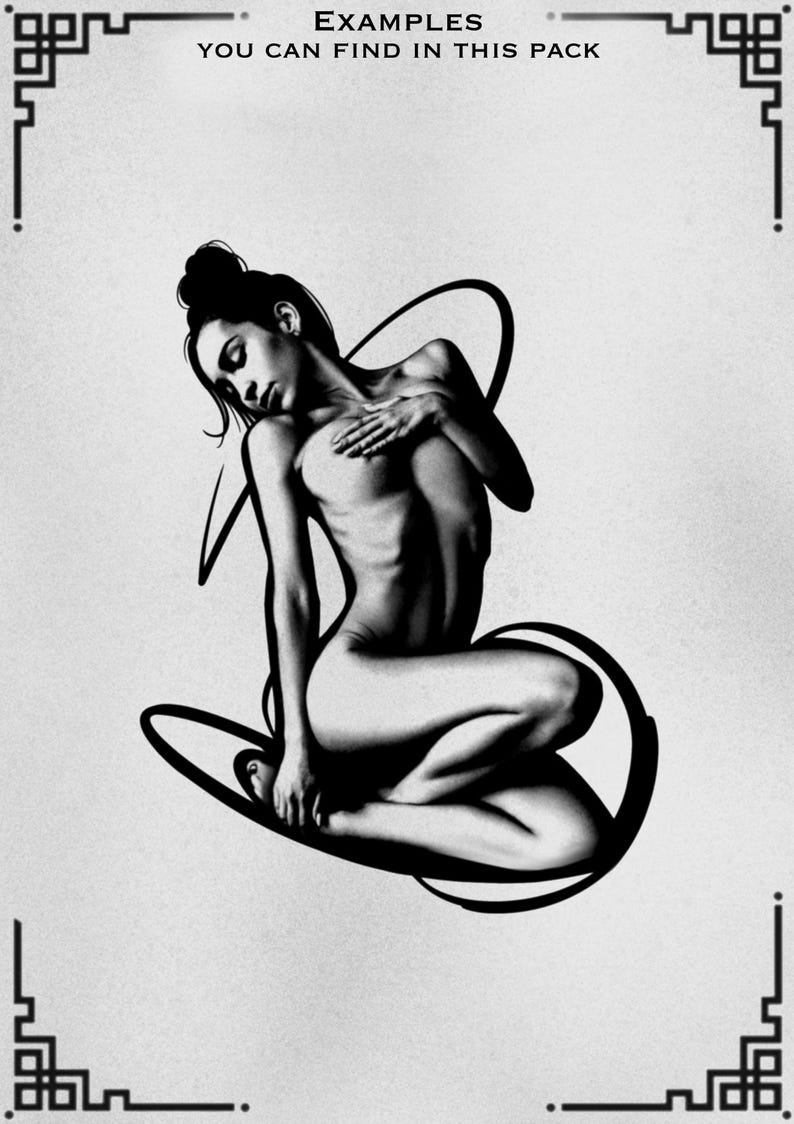 May include: Black and white illustration of a seated figure with a stylized design. The figure is nude, with a hand resting on the chest. The image includes the text "EXAMPLES YOU CAN FIND IN THIS PACK" at the top.