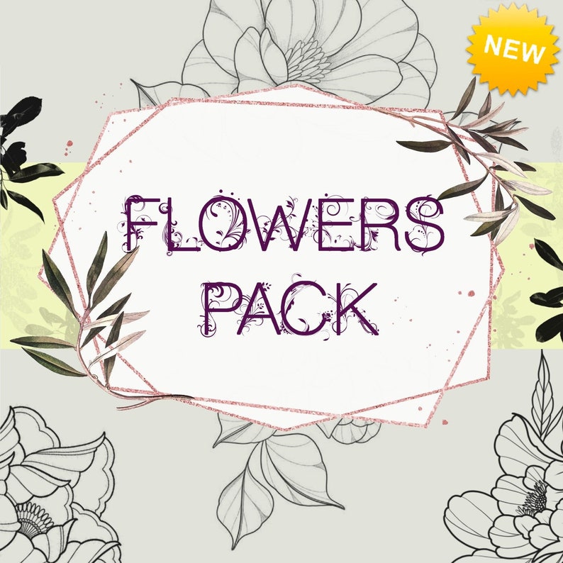 May include: A digital illustration of a floral pack with the text "FLOWERS PACK" in a purple font with a decorative border. The image has a light gray background with a yellow and white background behind the text.