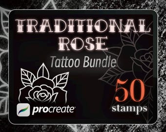 50 Traditional Rose Procreate Stamps – Tattoo Brush Set