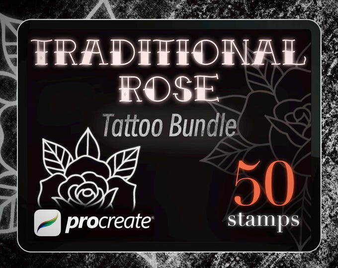 50 Traditional Rose Tattoo Stencils – Procreate Brushset + JPEG | High-Resolution 3000x3000 | Instant Download Tattoo Flash