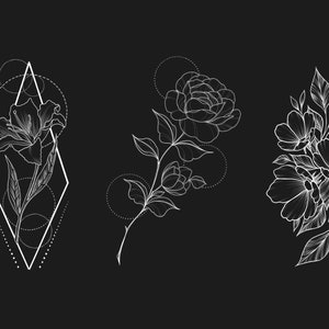 May include: Three black and white line drawings of flowers. The first is a lily in a geometric frame. The second is a rose with a stem and leaves. The third is a cluster of flowers with leaves.
