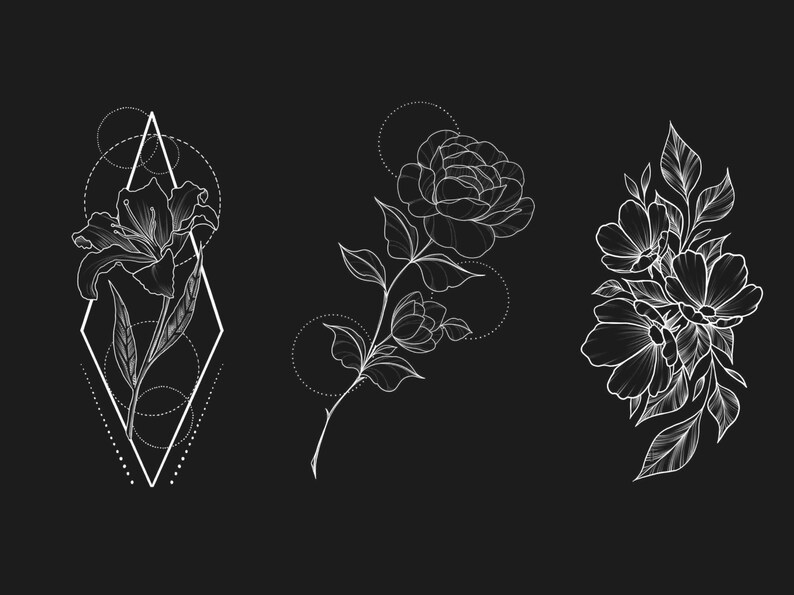 May include: Three black and white line drawings of flowers. The first is a lily in a geometric frame. The second is a rose with a stem and leaves. The third is a cluster of flowers with leaves.