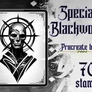 Può includere: Illustrazione in bianco e nero di uno scheletro con un design geometrico. L'immagine è etichettata "Special Blackwork Procreate Bundle 70+ stamps".