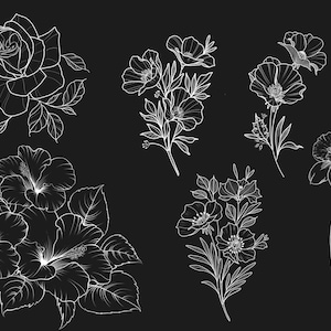 May include: A collection of six white line drawings of various flowers on a black background. The flowers include a rose, a hibiscus, a daffodil, and three different types of poppies.
