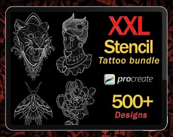 XXL Procreate Tattoo Stencil Bundle | 500+ Stamps Brushset Pack | Flash & Stencil Designs for Tattoo Artists | iPad Download