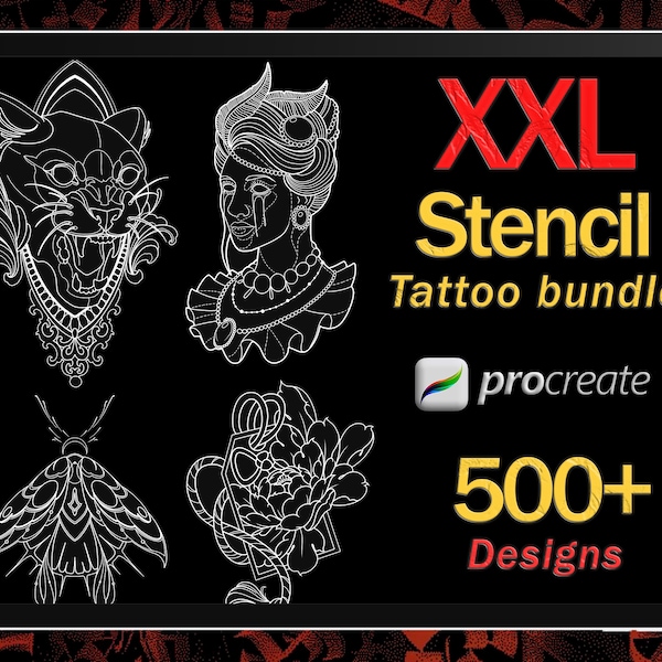 Lot de pochoirs tatouage XXL Procreate | Procréer des timbres | Tampons de tatouage | Pinceau de tatouage | Pack procréation | Procréer des pinceaux