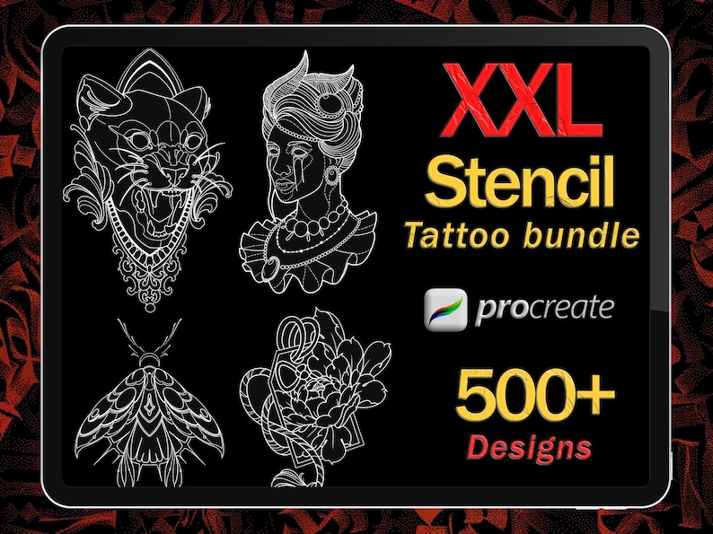 May include: A digital tablet screen displaying a graphic design product listing for a Procreate stencil tattoo bundle. The listing features a black and white illustration of a cat, a woman, a moth, and a flower. The text on the screen reads "XXL Stencil Tattoo bundle" and "500+ Designs".