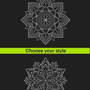 May include: Two white mandala designs on a black background. The text "Mandala stamps for Procreate" and "Choose your style" are displayed above the mandalas.