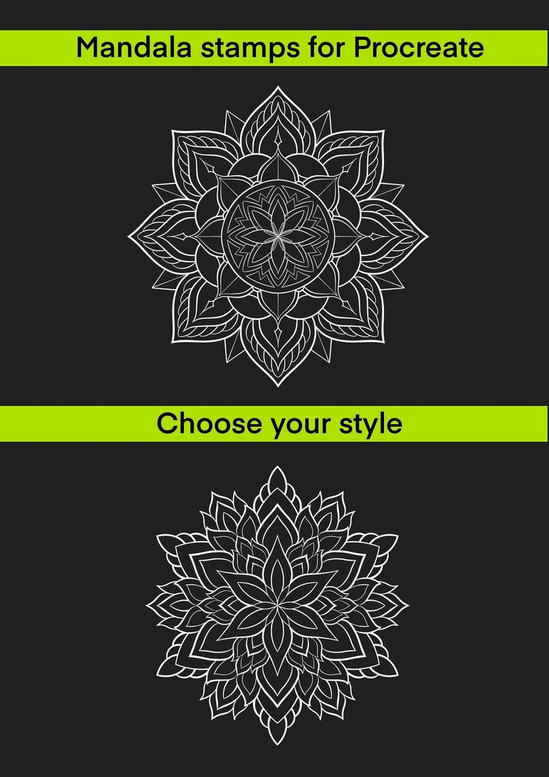May include: Two white mandala designs on a black background. The text "Mandala stamps for Procreate" and "Choose your style" are displayed above the mandalas.