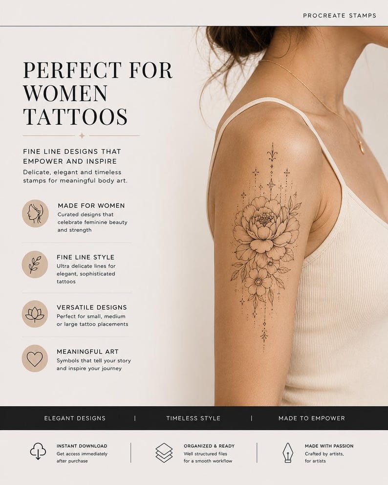 May include: A detailed tattoo design featuring a large peony flower and delicate floral elements on an arm. The image includes text that reads "Perfect for Women Tattoos" and "Fine Line Designs that Empower and Inspire."