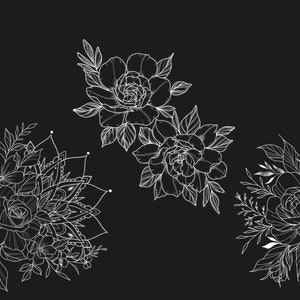 May include: A black and white line drawing of three floral designs. Each design features a large flower with intricate details and surrounding leaves. The flowers are stylized and resemble roses.