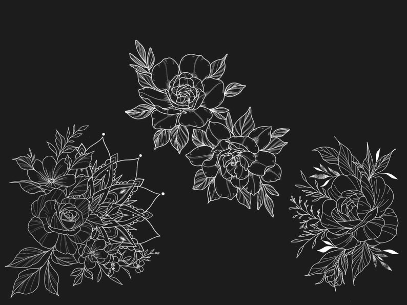 May include: A black and white line drawing of three floral designs. Each design features a large flower with intricate details and surrounding leaves. The flowers are stylized and resemble roses.