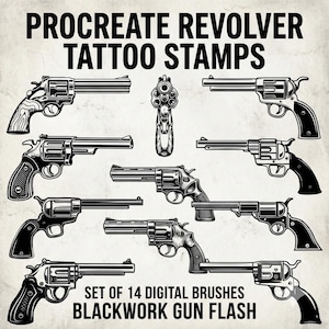 Procreate Revolver Tattoo Stamps – 14 Gun Flash Brushes | Blackwork Tattoo Stencil Set for iPad