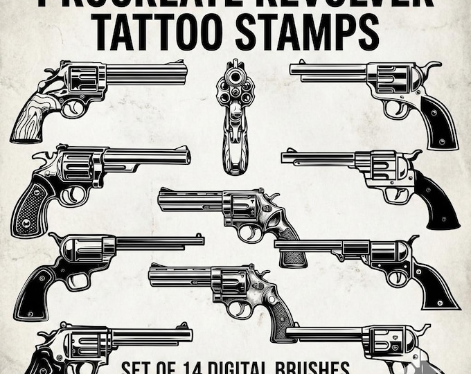 Procreate Revolver Tattoo Stamps – 14 Gun Flash Brushes | Blackwork Tattoo Stencil Set for iPad