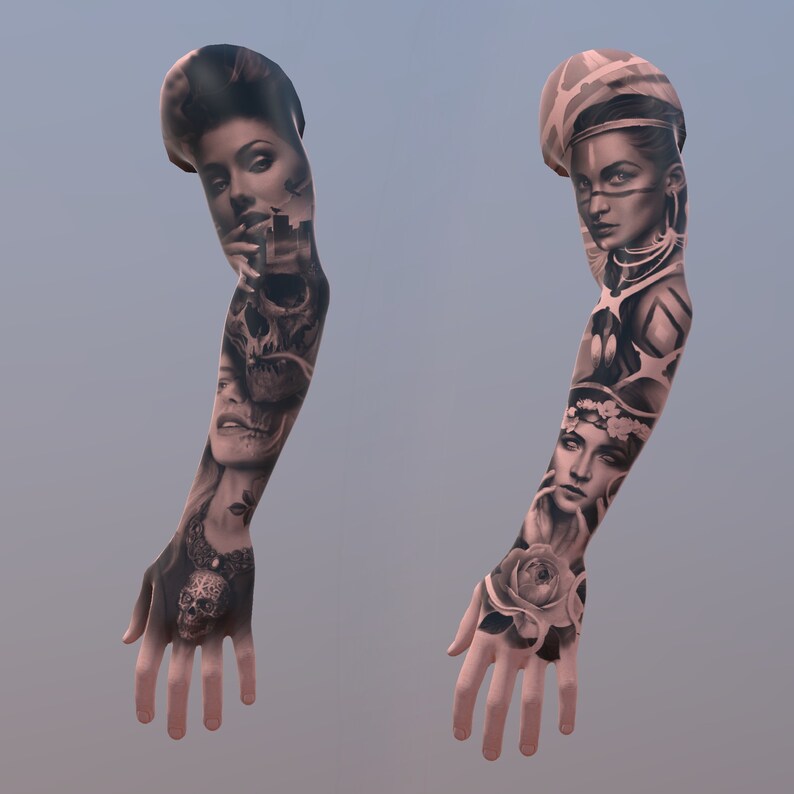 May include: Two arms with detailed black and gray tattoos. The tattoos feature portraits of women, skulls, flowers, and geometric patterns.
