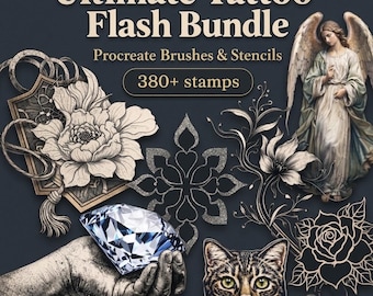 Ultimatives Tattoo-Flash-Bundle für Procreate | Über 380 hochauflösende Stempel | Motive: Zaubertränke, Tiere, Pfingstrosen & Rosen | Digitales Tattoo-Werkzeug