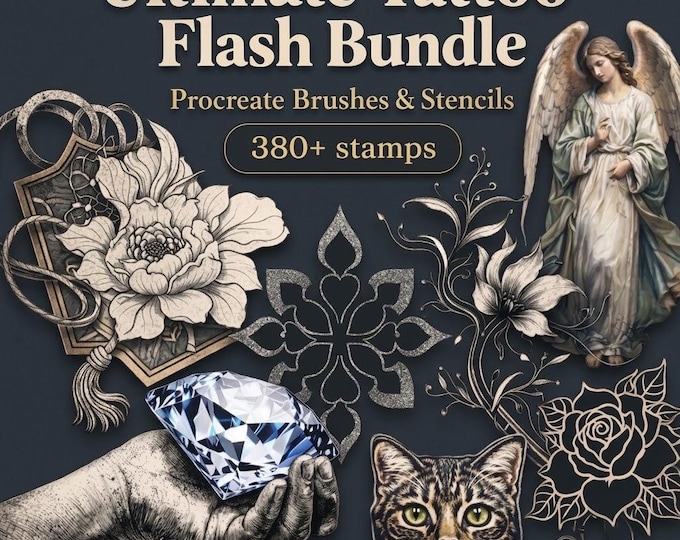 Ultimate Tattoo Flash Bundle for Procreate | 380+ High Res Stamps | Potions, Animals, Peonies & Roses Designs | Digital Tattoo Artist Tool