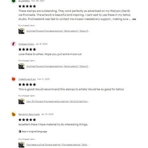 May include: Screenshots of customer reviews for a set of Procreate stamps featuring outlined flowers. The reviews are positive and mention using the stamps for tattoo design and Procreate.