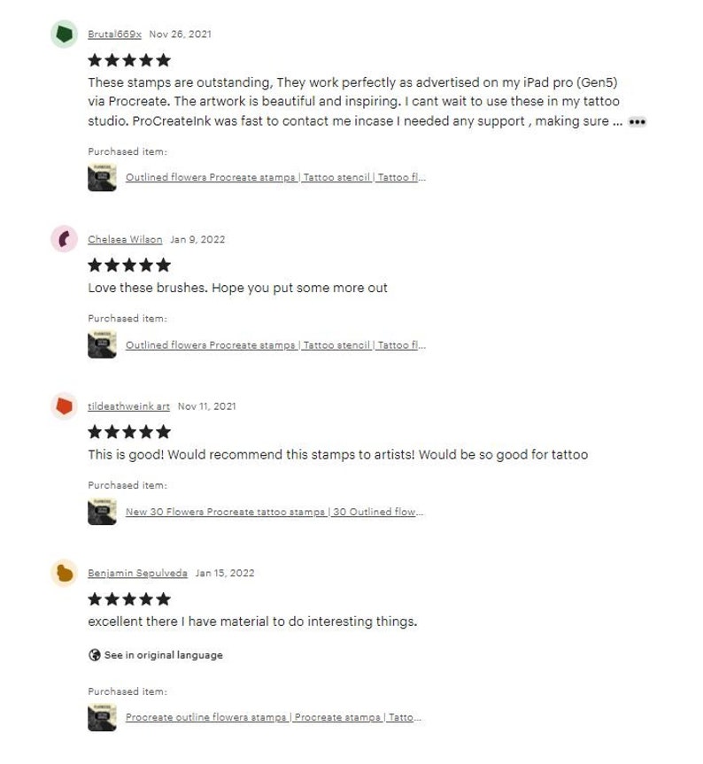 May include: Screenshots of customer reviews for a set of Procreate stamps featuring outlined flowers. The reviews are positive and mention using the stamps for tattoo design and Procreate.