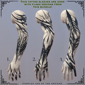 May include: Three black and white tattoo sleeve designs. The designs are done with flash designs from this bundle. The designs are complex and intricate.