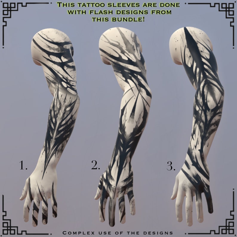 May include: Three black and white tattoo sleeve designs. The designs are done with flash designs from this bundle. The designs are complex and intricate.