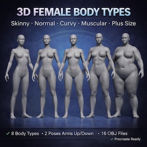 3D vrouwelijk lichaamsmodel voortplanten | Mockup tatoeagesimulatie | 8 lichaamstypen OBJ voor iPad | Realistische huidtextuur