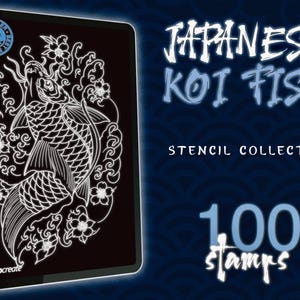 Könnte beinhalten: Ein schwarzes digitales Kunst-Schablonen-Design mit einer weißen japanischen Koi-Fisch-Illustration mit floralen Akzenten. Der Text "Japanese Koi Fish Stencil Collection" und "100 stamps" sind ebenfalls zu sehen.