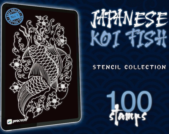 100 Koi Fish Tattoo Stencils for Procreate | Japanese Style Tattoo Stamps | High-Quality Procreate Brush Set for Artists