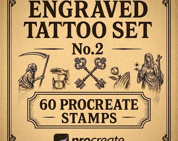 Procreate Tattoo Stamp Bundle Vol. 2 | 60 Engraved Tattoo Designs | High-Res Blackwork Stamps for Tattoo Artists