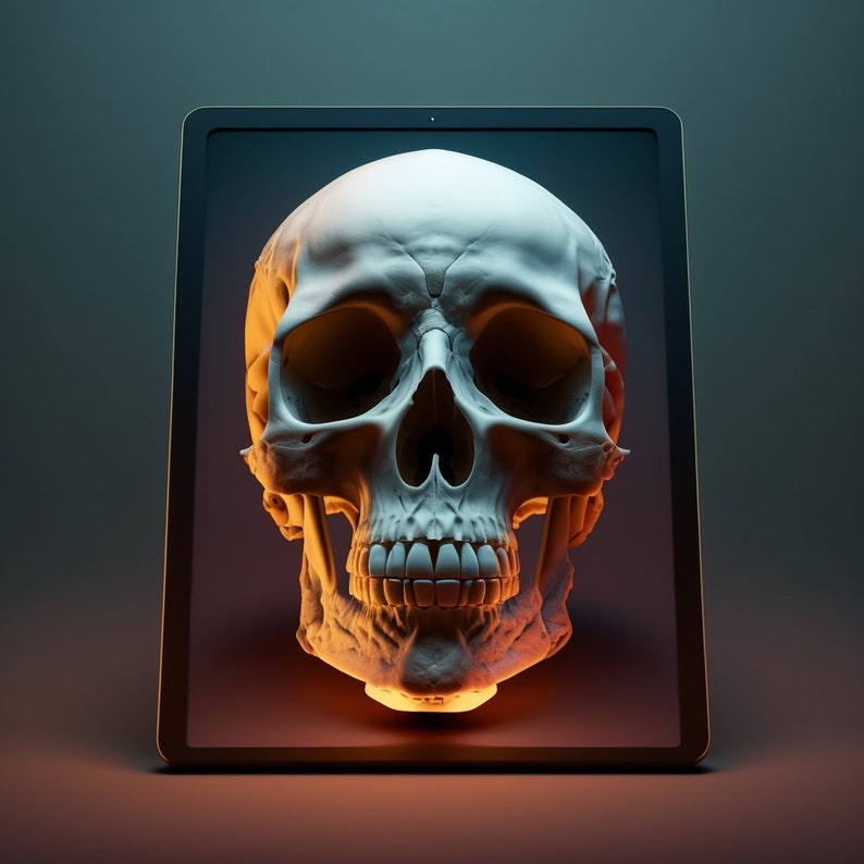 May include: A white human skull is displayed on a black tablet screen. The skull is illuminated with a warm orange glow.