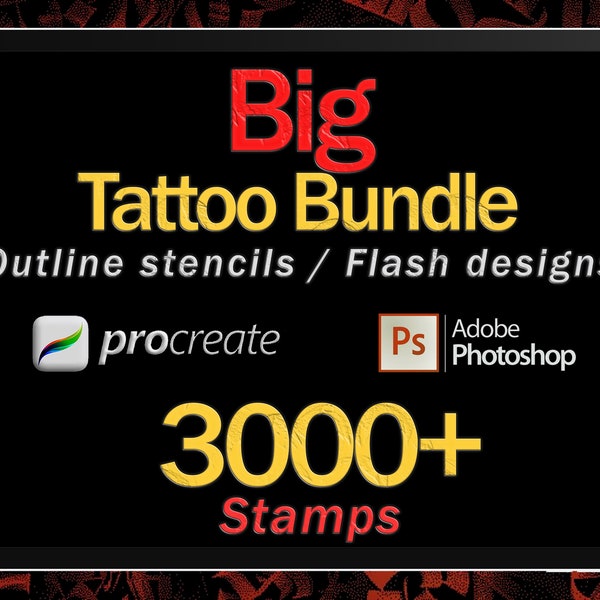 Plus de 3 000 pochoirs de tatouage | Tampons de tatouage Procreate | Procréez flash | Brosse à procréer | Flash tatouage | Pack procréation