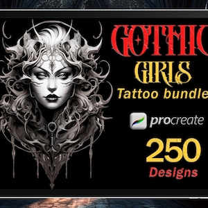 Gothic Girls Tattoo Flash Bundle | 250 Procreate Tattoo Stamps | Original Black & Grey Tattoo Designs | Badass Girls Collection