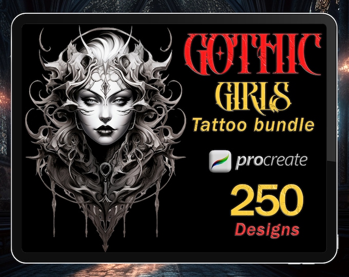 Gothic Girls Tattoo Flash Bundle | 250 Procreate Tattoo Stamps | Original Black & Grey Tattoo Designs | Badass Girls Collection