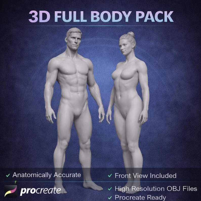 Procreate 3D Male & Female Body Models – Realistic Tattoo Simulation Pack (OBJ) | iPad Procreate Tattoo Mocku image 1