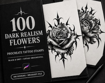 May include: A black portfolio folder featuring the text 100 DARK REALISM FLOWERS PROCREATE TATTOO STAMPS BLACK & GREY GOTHIC ORNAMENTAL. Inside are two white sheets displaying detailed black and grey rose illustrations with sharp, pointed ornamental accents.
