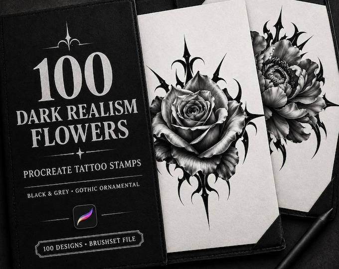 100 Dark Realism Flower Procreate Tattoo Stamps, Black & Grey Floral Tattoo Designs, Gothic Flowers Tattoo Brush Set