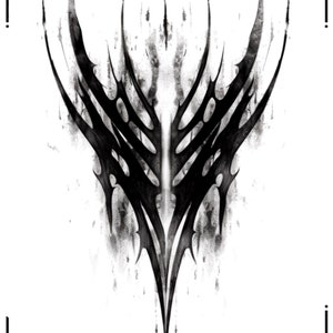 May include: Black and white abstract design with sharp, jagged edges and a pointed bottom. The design is symmetrical and has a dark, gothic aesthetic.